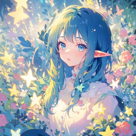 elf girl, bright colorful hair, magical, whimsical, fantasy, otherworldly, extremely detailed face, masterpiece, perfect illumin...