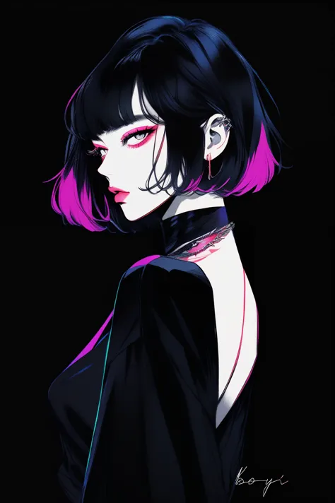 (best quality, sketch:1.2),realistic,illustrator,anime,1 girl, detailed lips, black dress,custom, (background dark monochrome),n...