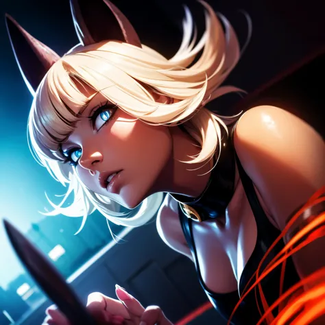 cat woman, ms. fortune, nadia fortune, skullgirls, below view, high detail, high quality, solo, perfect body, digital painting, ...