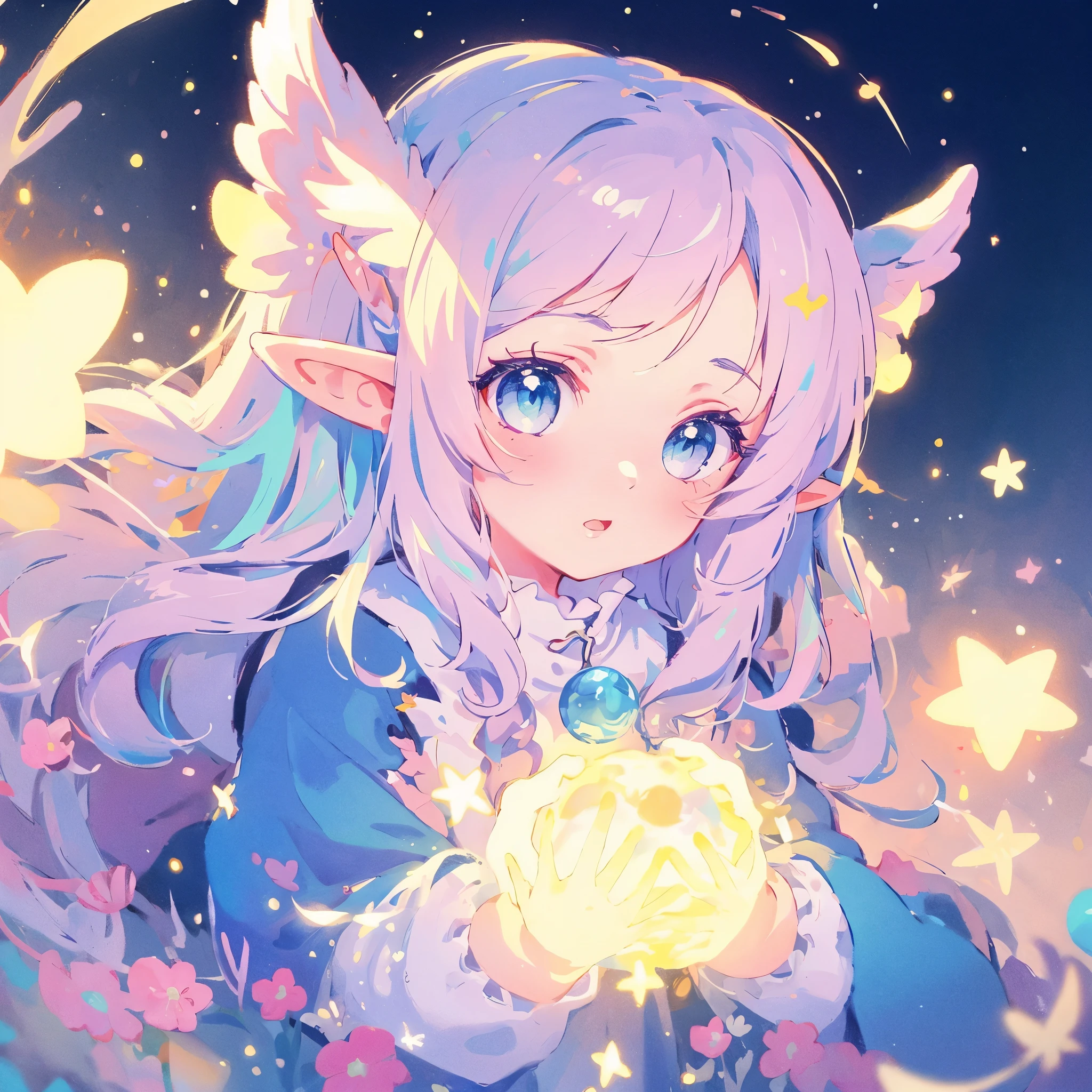 elf girl, bright colorful hair, magical, whimsical, fantasy, otherworldly, extremely detailed face, masterpiece, perfect illumination, (pastel colors)