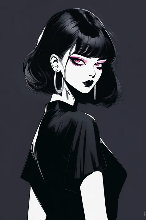 (best quality, sketch:1.2),realistic,illustrator,anime,1 girl, detailed lips, black dress8,custom, (background dark monochrome),...