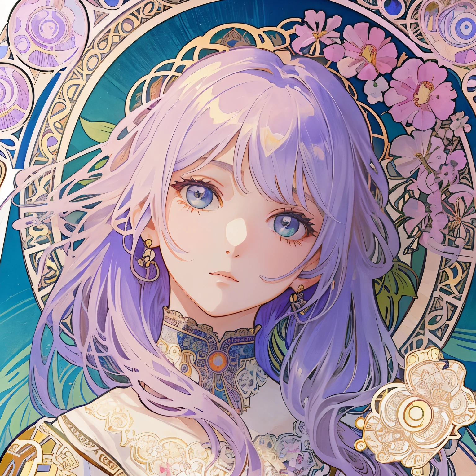 1 girl, masterpiece, highest quality, beautiful and aesthetic: 1.2, gem, Fine lace, detailed round frame, think back, flowers, white, rainbow hair, A beautiful girl fits into the frame、(Alphonse Mucha style)