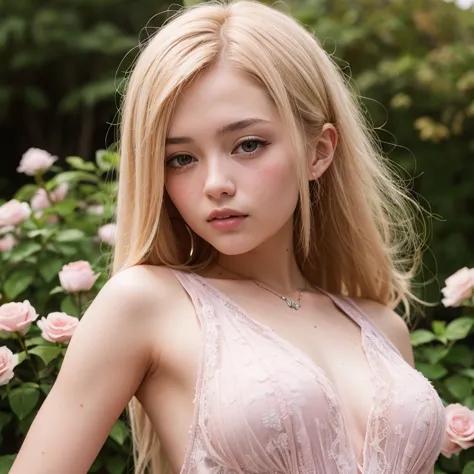 8k, RAW photo, Fujifilm, style photo of a beautiful young woman as avril in a garden of light pink roses (highly detailed skin: ...