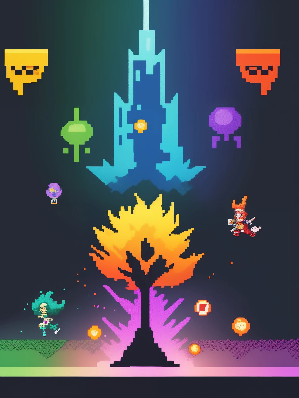 A retro game filled with vibrant pixelated characters, pixel art illustrations featuring nostalgic 8-bit sprites and intricate backgrounds,[best quality,4k,8k,highres,masterpiece:1.2],ultra-detailed gameplay, vibrant colors, with a bright and vivid color palette, [glowing lights], crisp and sharp focus, [nostalgic 8-bit style], [classic arcade cabinet design], [old-school sound effects], [fast-paced action], [retro game controller], [pixelated explosions], [high score board], [time constraints], [challenge stages], [colorful power-ups], [hidden bonus levels], [intense boss battles], [achievement system], [multiplayer option], [unlockable characters and levels], [retro pixel art animations], [classic 2D sidescroller gameplay], [retro-inspired music].