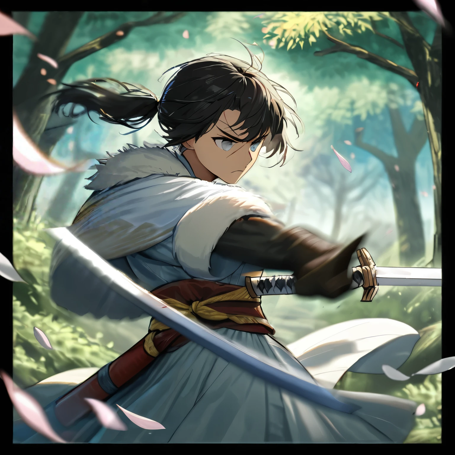 (windy),(blood),(motion blur),(dress in white),Petals fluttering in the wind, shining swords, helpless expression, anger, fighting with death, very detailed expression, very detailed petals,ponytail, 2swordsman fighting,fight,gongfu,stand in trees, 2swordsman stood in a peach tree forest with petals dancing,petals , detailed ,completing the stable diffusion of serenity and contentment,masterpiece, best quality,masterpiece, best quality, swordman,holding a sword(trees:0.5),(eagle:0.5), (bamboo:0.2) fighting stance, 1man, glowing, solo, weapon, sword, tree, holding, gloves, outdoors, sheath, border, holding weapon, black hair, holding sword, fur trim, looking away,look at view