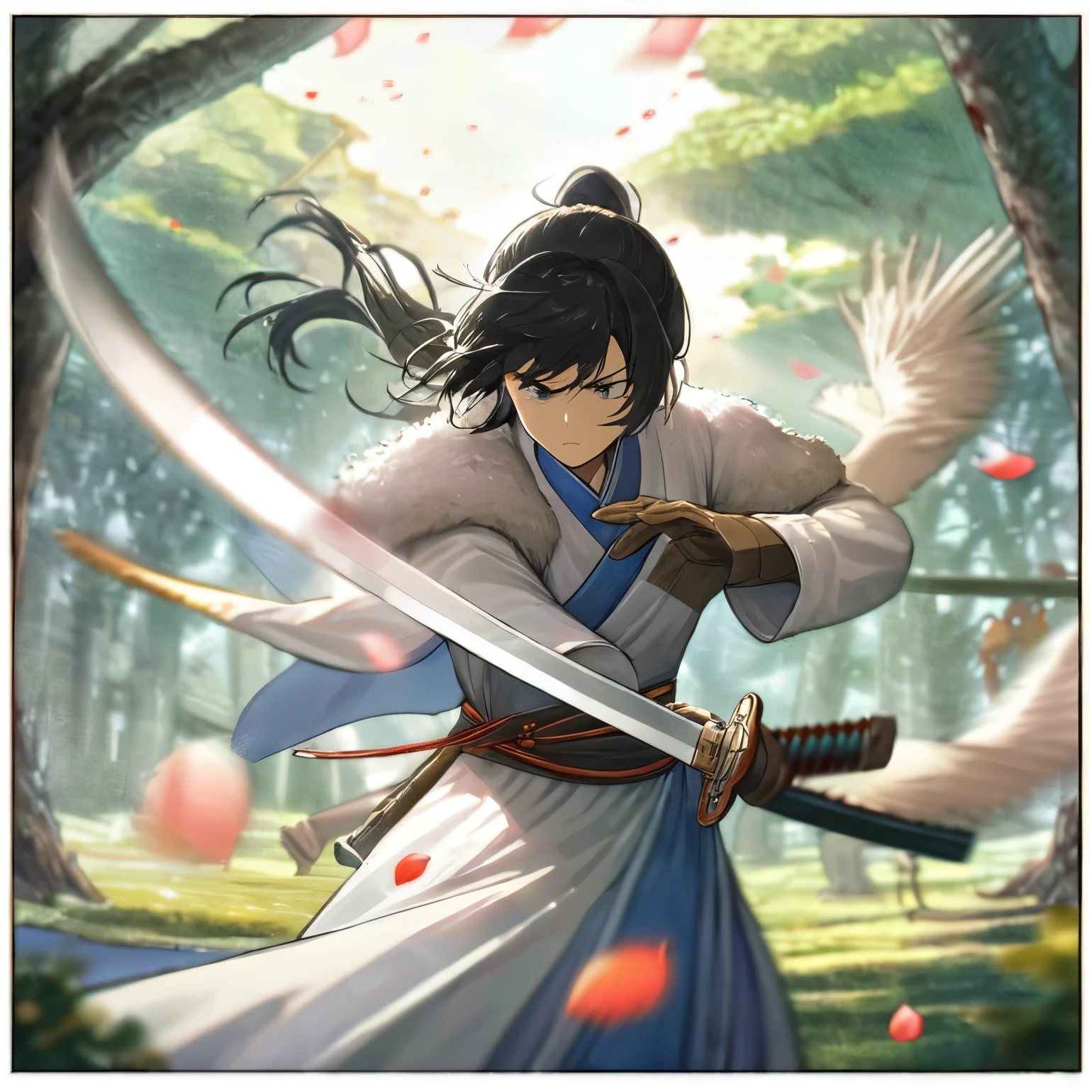 (windy),(blood),(motion blur),(dress in white),Petals fluttering in the wind, shining swords, helpless expression, anger, fighting with death, very detailed expression, very detailed petals,ponytail, 2swordsman fighting,fight,gongfu,stand in trees, 2swordsman stood in a peach tree forest with petals dancing,petals , detailed ,completing the stable diffusion of serenity and contentment,masterpiece, best quality,masterpiece, best quality, swordman,holding a sword(trees:0.5),(eagle:0.5), (bamboo:0.2) fighting stance, 1man, glowing, solo, weapon, sword, tree, holding, gloves, outdoors, sheath, border, holding weapon, black hair, holding sword, fur trim, looking away,look at view