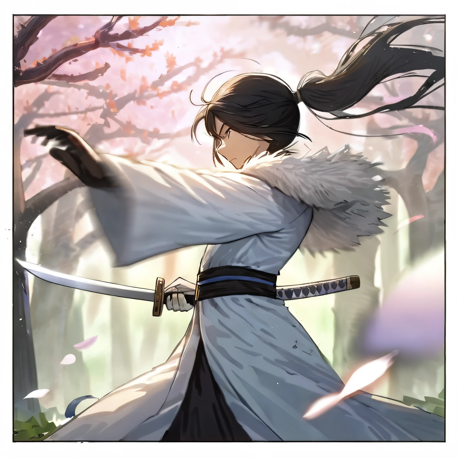 (windy),(blood),(motion blur),(dress in white),Petals fluttering in the wind, shining swords, helpless expression, anger, fighting with death, very detailed expression, very detailed petals,ponytail, 2swordsman fighting,fight,gongfu,stand in trees, 2swordsman stood in a peach tree forest with petals dancing,petals , detailed ,completing the stable diffusion of serenity and contentment,masterpiece, best quality,masterpiece, best quality, swordman,holding a sword(trees:0.5),(eagle:0.5), (bamboo:0.2) fighting stance, 1man, glowing, solo, weapon, sword, tree, holding, gloves, outdoors, sheath, border, holding weapon, black hair, holding sword, fur trim, looking away,look at view