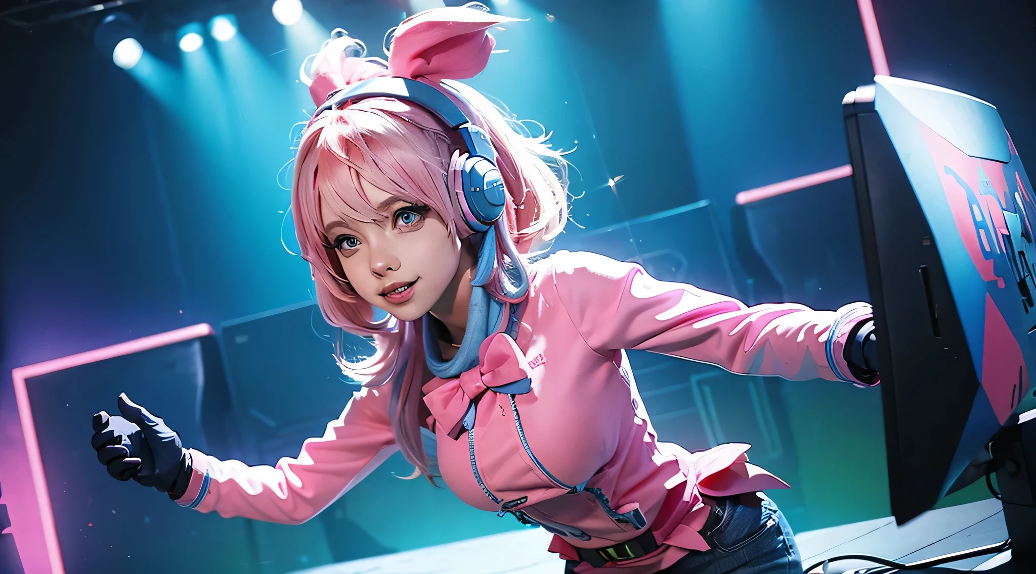 A girl with pink blue blond hair, wearing a colorful outfit and cosplay costume, stands in a dynamic pose. She has a playful expression on her face as she enjoys playing video games. The girl is a gamer, immersed in her virtual world, holding a console controller in one hand and a keyboard in the other. She wears headphones, symbolizing her dedication to gaming. The scene is set in a brightly lit studio with soft lighting, enhancing the vivid colors of the girl’s outfit. The composition is creative and cartoonish, with a background scenery featuring artistic interpretation of video game elements. Glowing digital effects surround the girl, adding to the energetic and action-packed atmosphere. Electric blue accents are scattered throughout the image, giving it a mysterious and futuristic feel. Overall, the prompt aims to capture the fun, enthusiasm, and creativity associated with gaming, while showcasing the girl's passion and love for video games in an anime-style artwork.
Gamer girl pink blue blond hair sexy outfit