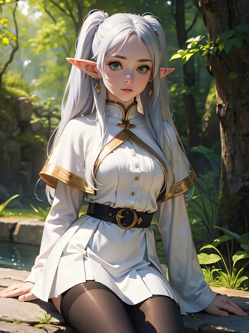 ((masterpiece、highest quality、Super detailed、High resolution、realistic、sharp focus))、bust shot、high contrast、high color saturation、 ((very delicate and beautiful))、female elf、Freelen、long silver hair、round face、white clothes、in the forest、fantasy characters、wz_sousou_no_frieren_style, twintails, very long hair, silver hair, pointy ears, elf, white capelet, green eyes, black pantyhose, earrings, white skirt, belt, white sleeves