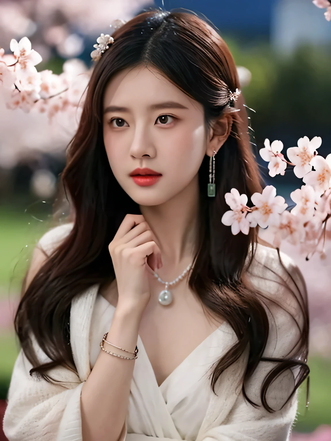 (,1 girl, View,best of quality,masterpiece,  ) ,(((,night,  Cherry blossoms, )))     Hyper-realistic 8K CG, flawless, clean of, masterpiece, professional artwork, famous artwork, movie lighting, movie bloom, perfect face, Pretty face, Wangfuxiang，fantasy, dreamlike, illusory, Science fiction, luxurious, jewelry, diamond, Kaneko, pearl, gem, blue gem, red gem, emerald, Complex details, Exquisite pattern, charming, Tempting of, Tempting of, of, enchanting, hair accessories, necklace, earrings, bracelet, armband,halo,autumn leaves,