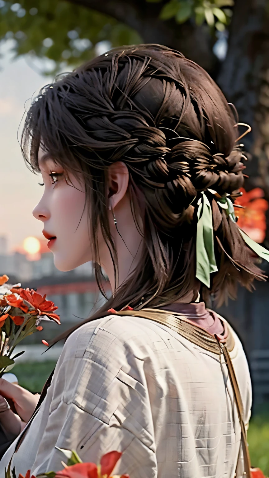 Beautiful detailed brownish eyes，flowing long black hair，Holding a bouquet of wildflowers，Surrounded by lush green trees and blooming flowers，The background is a golden sunset，Vibrant colors and vivid lights，oil painting style，whole body视角，（（whole body））