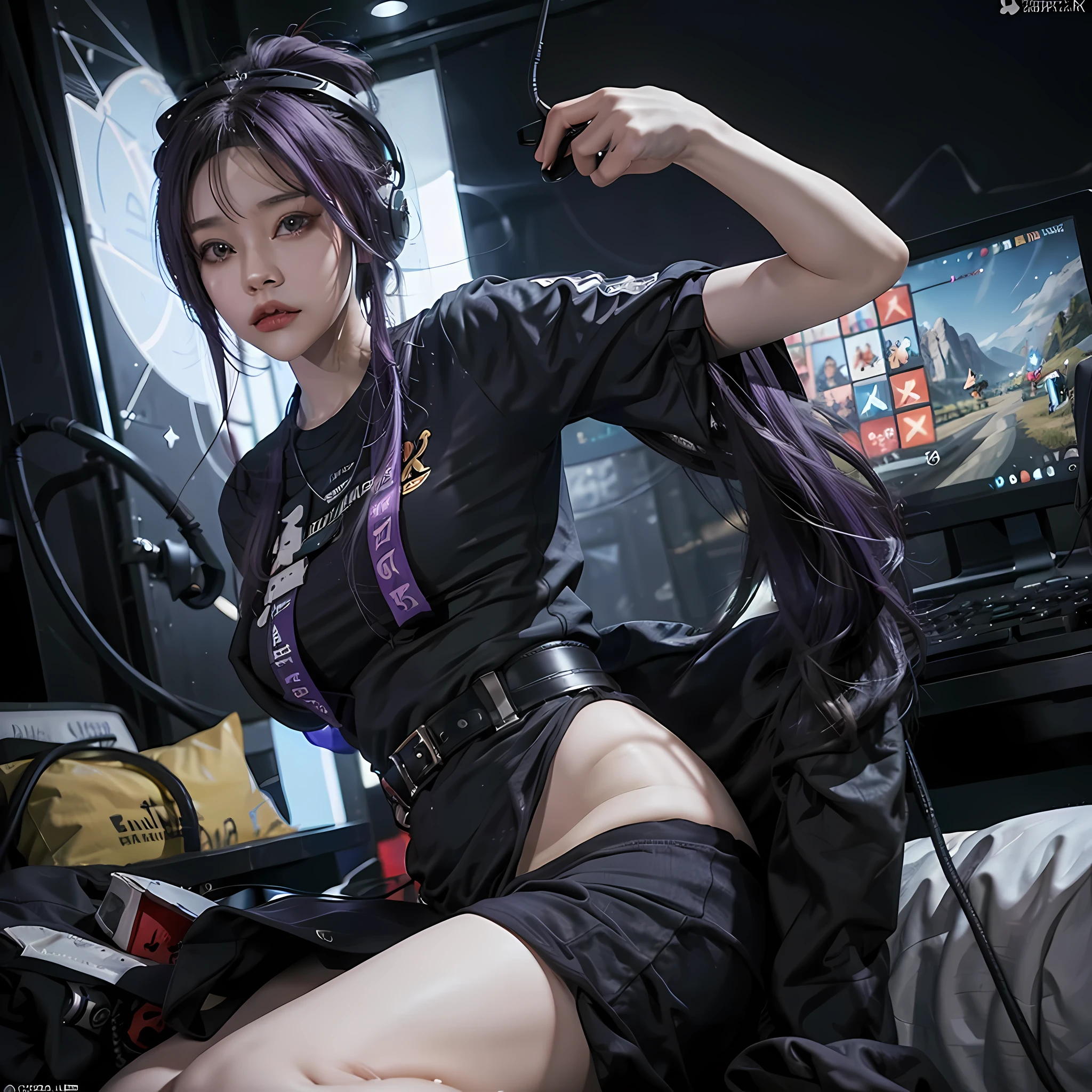 A girl with purple hair, wearing a colorful outfit and cosplay costume, stands in a dynamic pose. She has a playful expression on her face as she enjoys playing video games. The girl is a gamer, immersed in her virtual world, holding a console controller in one hand and a keyboard in the other. She wears headphones, symbolizing her dedication to gaming. The scene is set in a brightly lit studio with soft lighting, enhancing the vivid colors of the girl’s outfit. The composition is creative and cartoonish, with a background scenery featuring artistic interpretation of video game elements. Glowing digital effects surround the girl, adding to the energetic and action-packed atmosphere. Electric blue accents are scattered throughout the image, giving it a mysterious and futuristic feel. Overall, the prompt aims to capture the fun, enthusiasm, and creativity associated with gaming, while showcasing the girl's passion and love for video games in an anime-style artwork.
Gamer girl purple hair sexy outfit