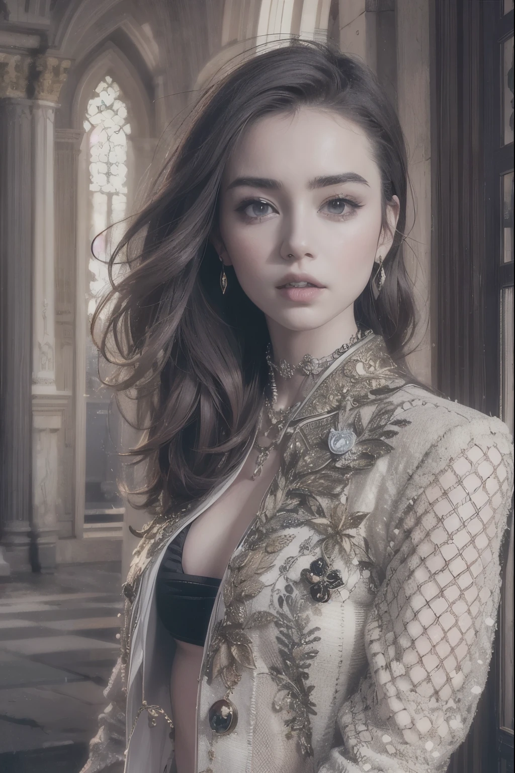 Lily Collins，18 years old，Realistic photo works，fashion show，Professional clothing design，Sexy figure，blouse，Navel exposed，Casual trouserultiple buttons，zipper，Broken diamonds，Complex workmanship，Novel style，icon，company logo，fashionable outfit，future technology，Parisian fashion，Magnificent building，future