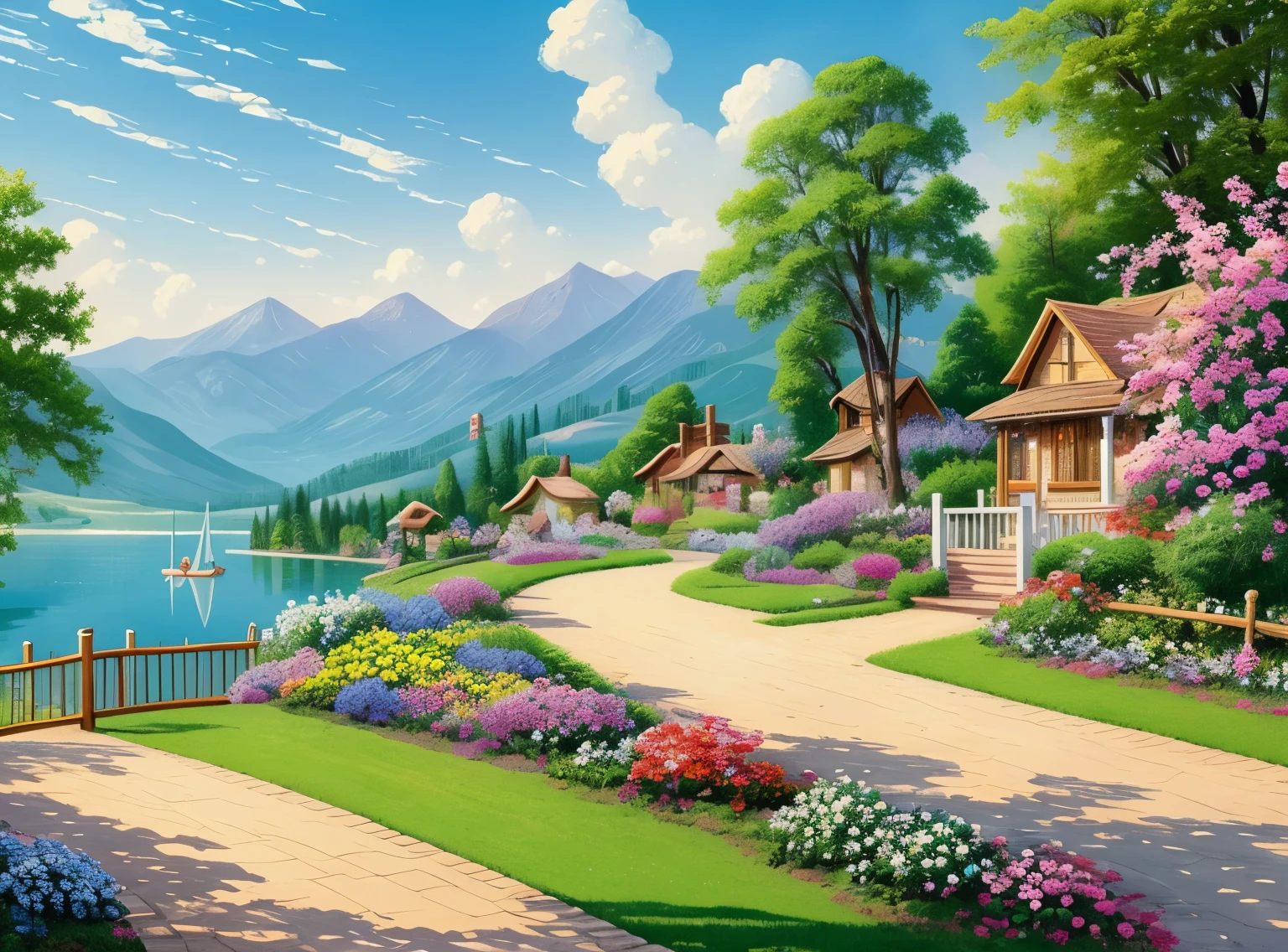 pintura de villa, flores al lado de la valla, valla a lo largo del camino,  Paisaje de montaña con lago y barcos., pájaros volando en el cielo azul, ilustración pintura mate,  inspirado en Thomas Kinkade, pintura mate simétrica, paisaje detallado , un estilo crudo, 8k ultra detallado