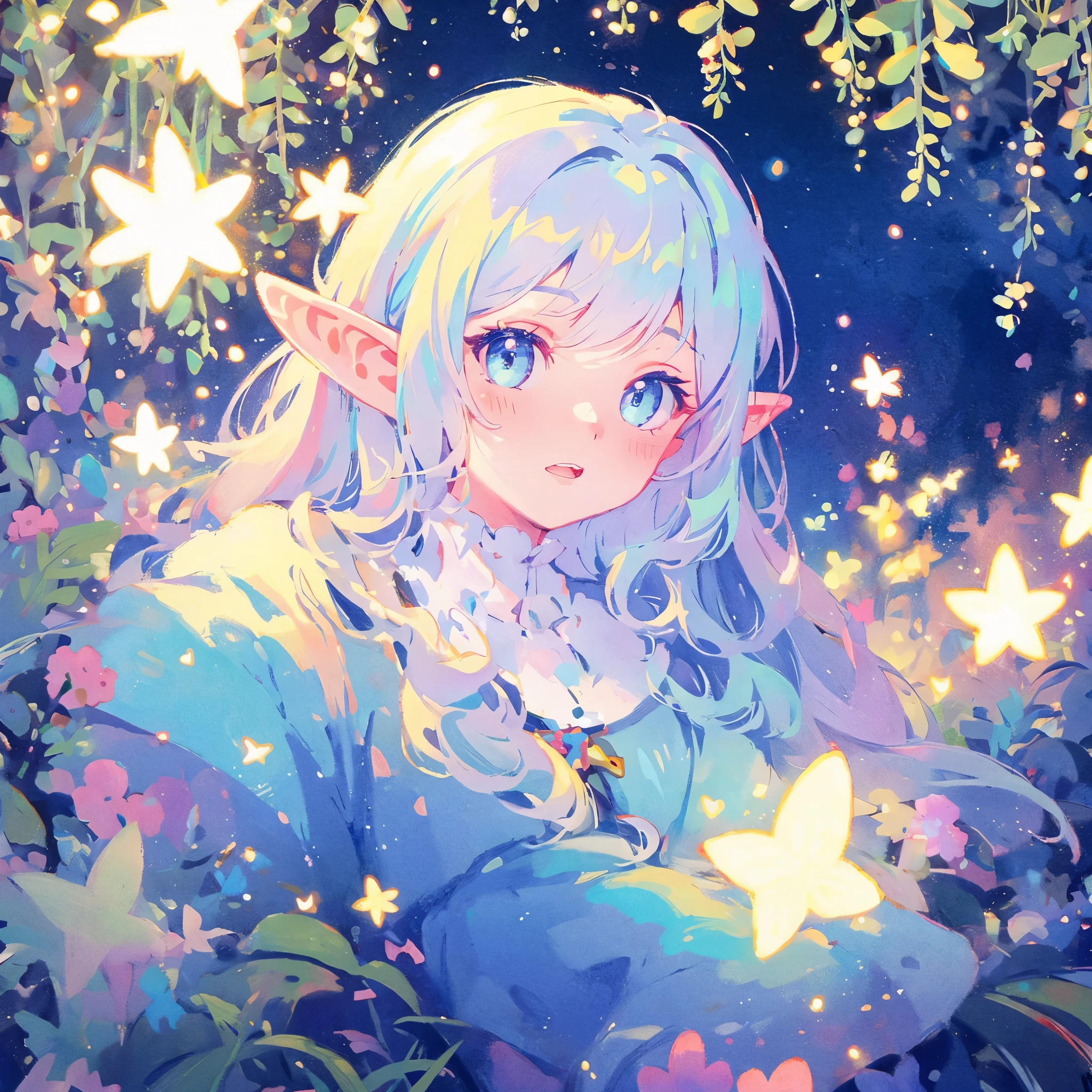 elf girl, bright colorful hair, magical, whimsical, fantasy, otherworldly, extremely detailed face, masterpiece, perfect illumination, (pastel colors)