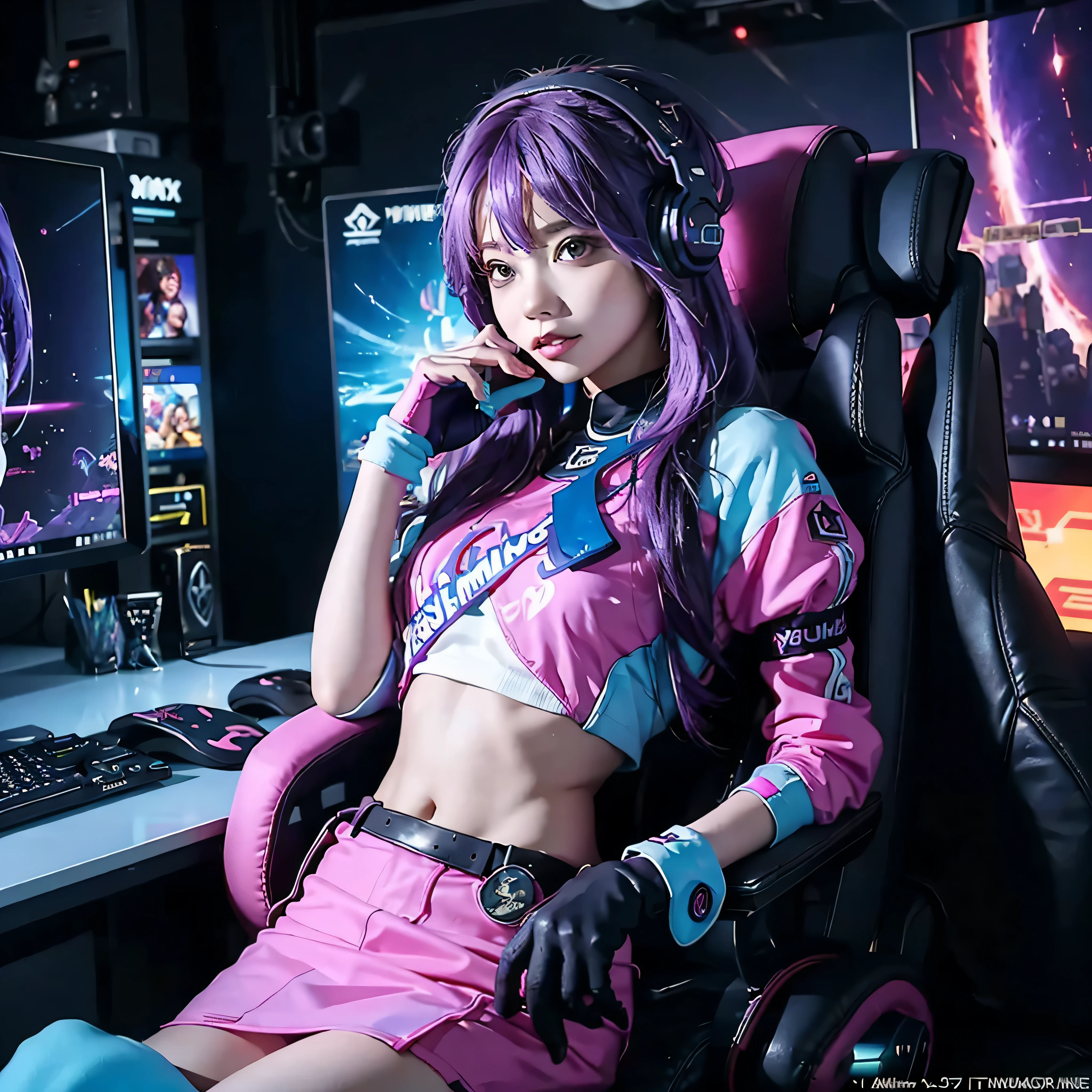 A girl with purple hair, wearing a colorful outfit and cosplay costume, stands in a dynamic pose. She has a playful expression on her face as she enjoys playing video games. The girl is a gamer, immersed in her virtual world, holding a console controller in one hand and a keyboard in the other. She wears headphones, symbolizing her dedication to gaming. The scene is set in a brightly lit studio with soft lighting, enhancing the vivid colors of the girl’s outfit. The composition is creative and cartoonish, with a background scenery featuring artistic interpretation of video game elements. Glowing digital effects surround the girl, adding to the energetic and action-packed atmosphere. Electric blue accents are scattered throughout the image, giving it a mysterious and futuristic feel. Overall, the prompt aims to capture the fun, enthusiasm, and creativity associated with gaming, while showcasing the girl's passion and love for video games in an anime-style artwork.
Gamer girl purple hair sexy outfit