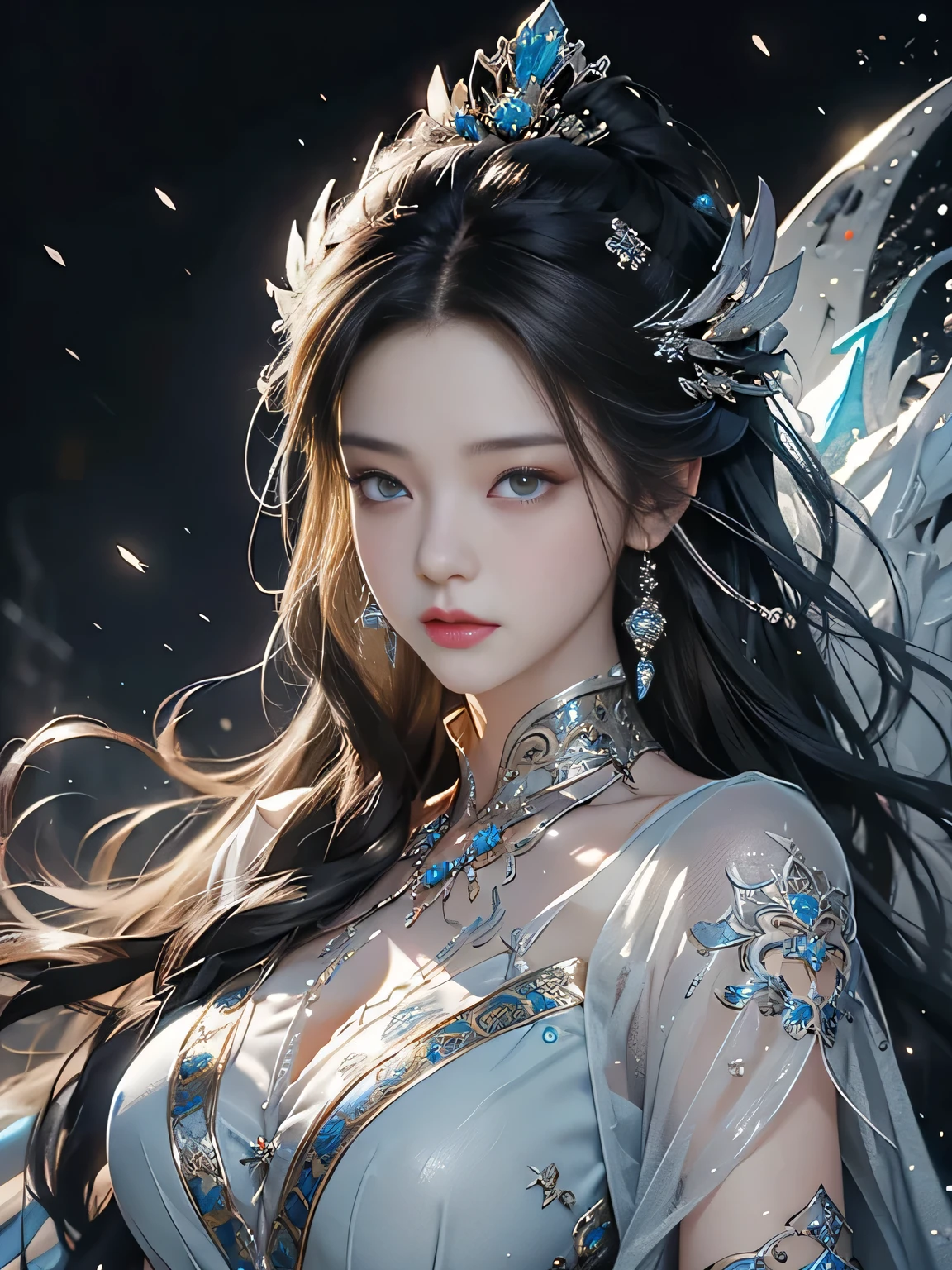 Close-up of a woman with straight black hair in a silver-blue sexy dress, Cheng Weipan Art Station, Xiuxian Technology Sense, Ice and Snow Beauty, Gauze Sleeves, Detailed Fantasy Art, Stunning Character Art, Epic Exquisite Character Art, Beautiful Complex Armor, Machinery, Extremely Detailed Art Budding, Detailed Digital Animation Art, Artgerm on Art Station Pixiv, Armor Girl, Heavy and Exquisite Complicated Headdresses and Jewelry, Noble High-Tech Sense, True God Sense of Déjà Vu,white long hair, sexy armor,see thought outfit add, (full body shot), china fantasy godness