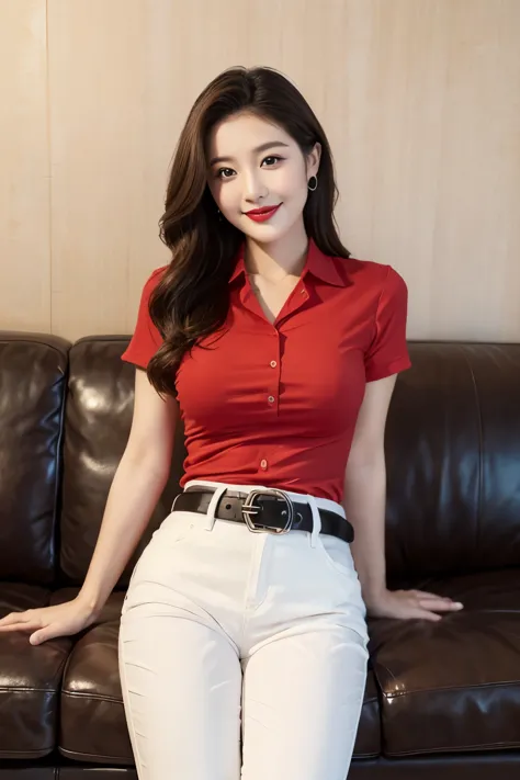 Draw lips correctly, red lipstick, from chest up, best quality, Super detailed, lifelike, Super fine skin, perfect anatomy, (1 日本Mature的女人), (alone)，Wear a red shirt，short sleeves，white jeans、trousers，black belt，wavy long hair，37-year-old female，Mature，cha...