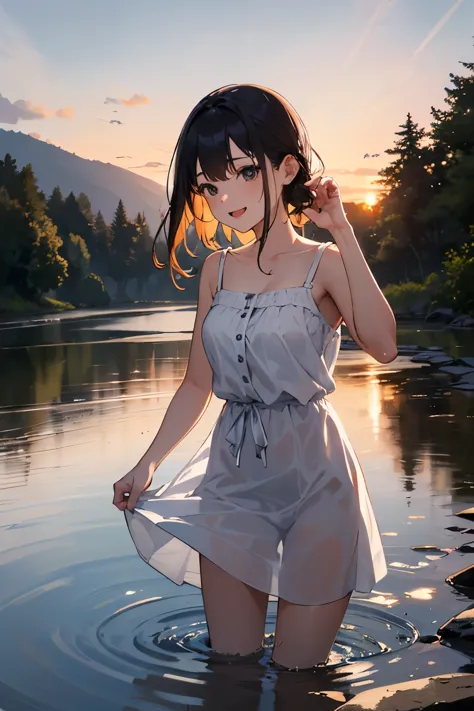 A girl wearing a white dress is bathing in the river, getting wet, having fun, no make-up, rural scenery, sunset,