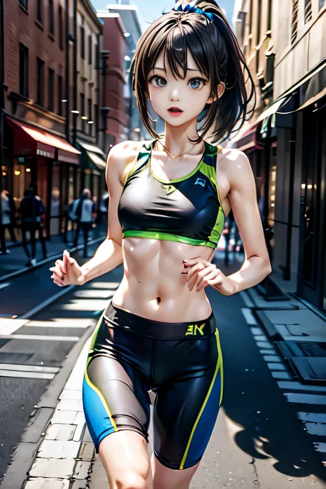 highest quality、cinematic lighting、 Girl wearing a blue sports bra and running pants、Slender like a model、small breasts、(running...
