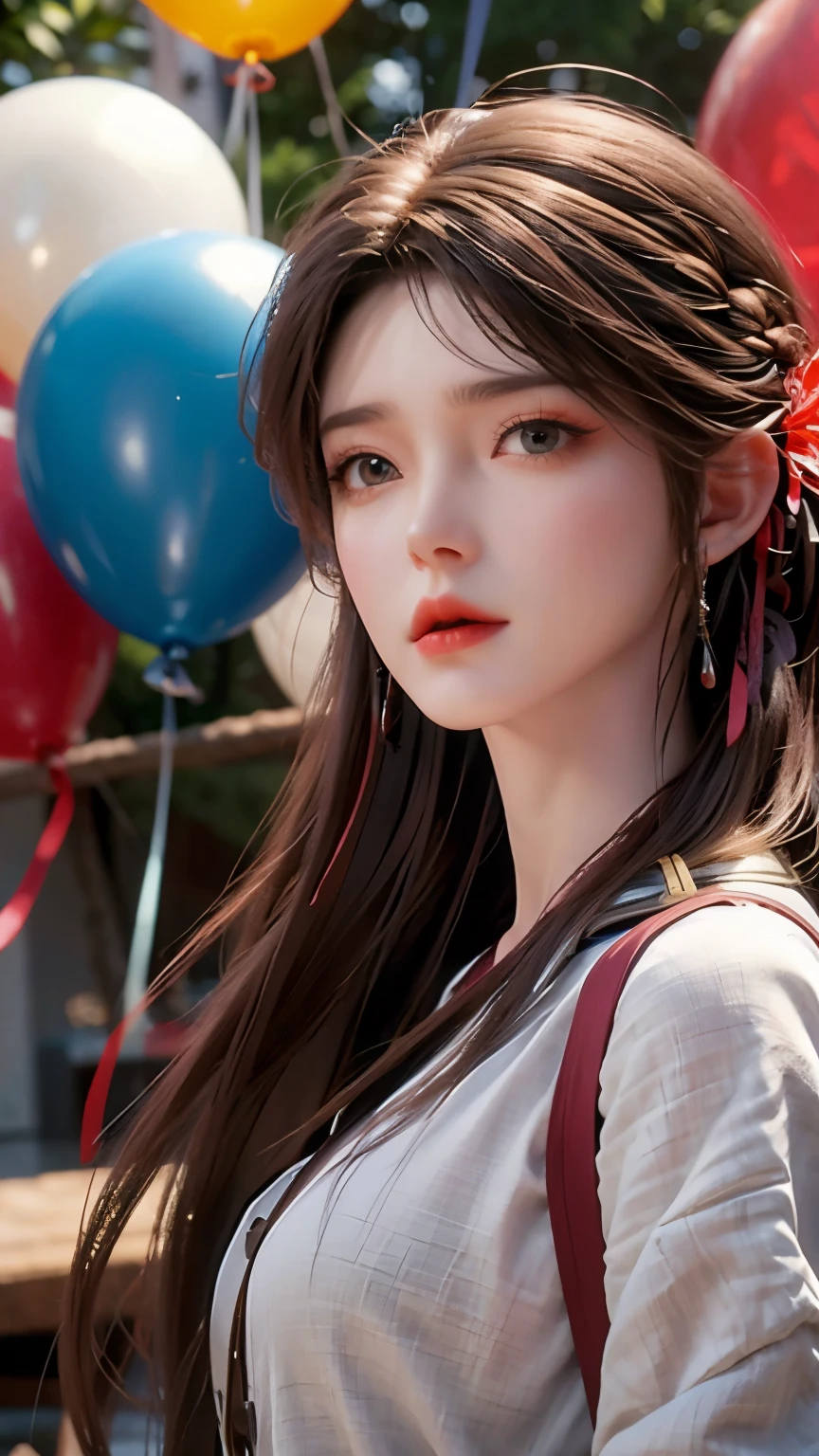 、 jolie et mignonne、Veste jaune、sweat blanc、很多Ballons colorés、visage agréable et parfait、tout le corps、cheveux bicolores rouge et bleu、cheveux noirs，cheveux très longs、yeux marrons、yeux aux détails parfaits、visage délicat、Image de synthèse parfaite、Qualité d&#39;image HD、Ballons colorés、paradis、