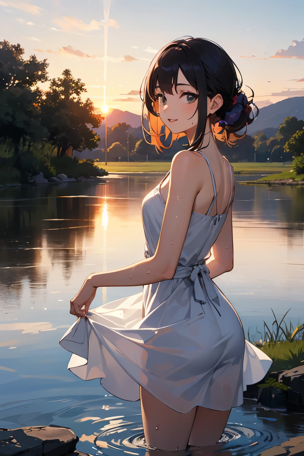 A girl wearing a white dress is bathing in the river, getting wet, having fun, no make-up, countryside scenery, sunset, turning around