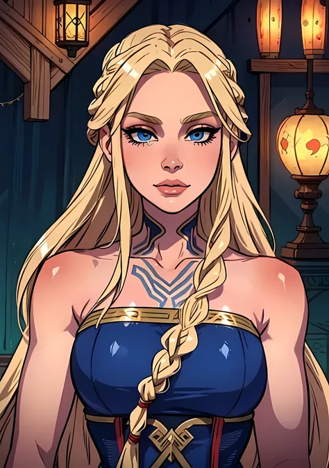 masterpiece, best quality, 1female, intense makeup, blue eyes, sif, very long hair, braided hair, blonde