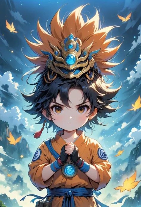 Goku Chibi, 1boy, male focus, super sayykin, Goku costume, alone, sky空, cloud, sky, blue sky空, boy, outdoor, Upper body, overcas...