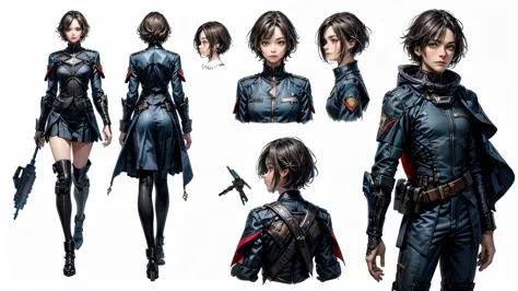 (Masterpiece, best quality), detailed, ((character concept art)), ((character design sheet, same character, front, side, back)), many items, (random gender, sci-fi uniform cloth, space traveler cloth, military cloth, many parts), (random skin color:1.35) ,...