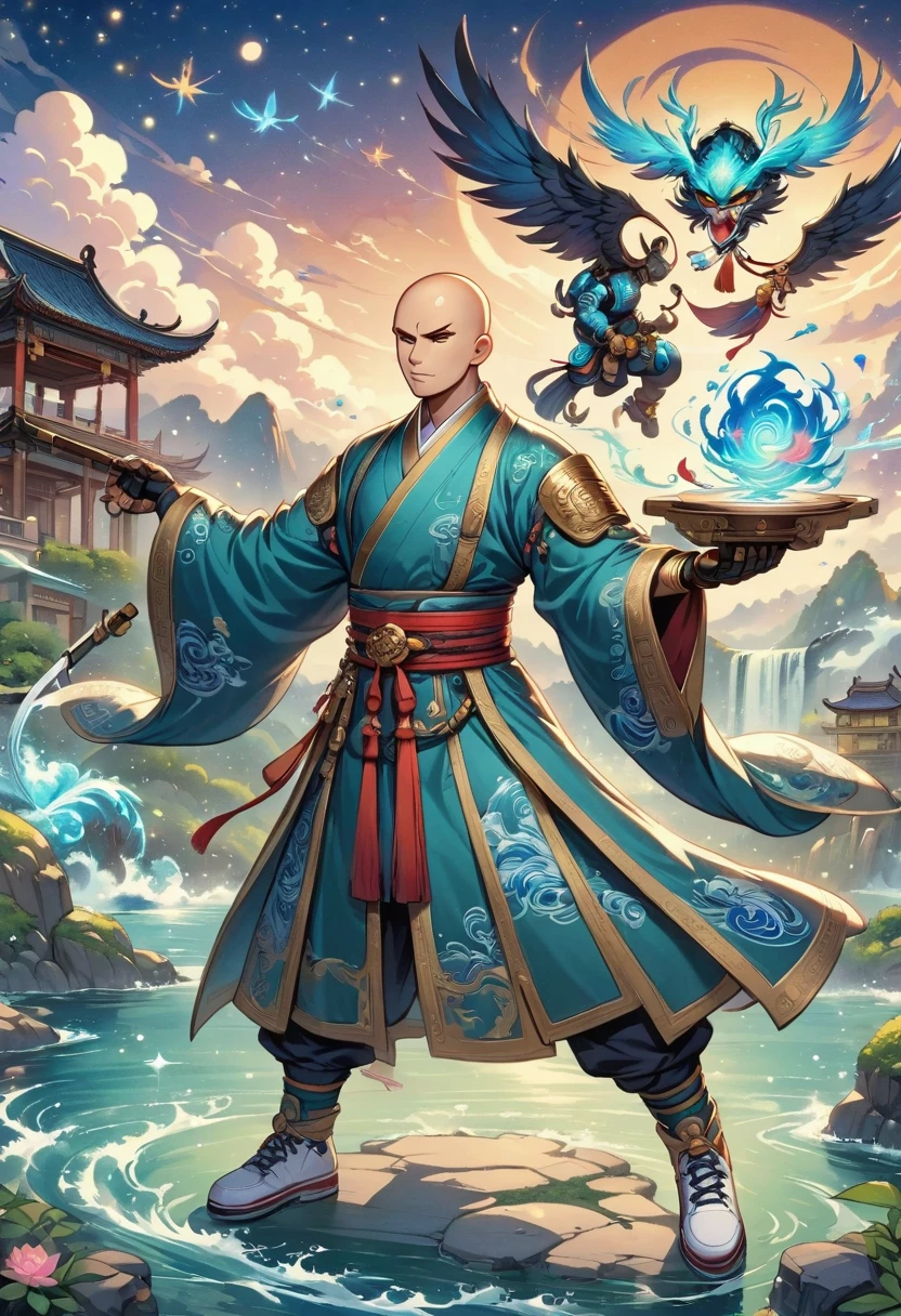 ((imagine))，((whole body))，(bald:1.5)，((Aang))，《Avatar the last airbender anime》, Wearing luxurious robes，Robot arms and legs，Standing by the lake，White sockechanical ceramic shoes ，in the style of futuristic，cyberpunk，high detail