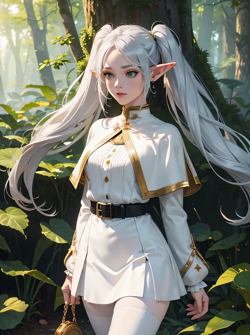 ((masterpiece、highest quality、Super detailed、High resolution、realistic、sharp focus))、face light、bust shot、((very delicate and beautiful))、female elf、Freelen、long silver hair、round face、white clothes、in the forest、fantasy characters、wz_sousou_no_frieren_style, twintails, very long hair, silver hair, pointy ears, elf, white capelet, green eyes, black pantyhose, earrings, white skirt, belt, white sleeves