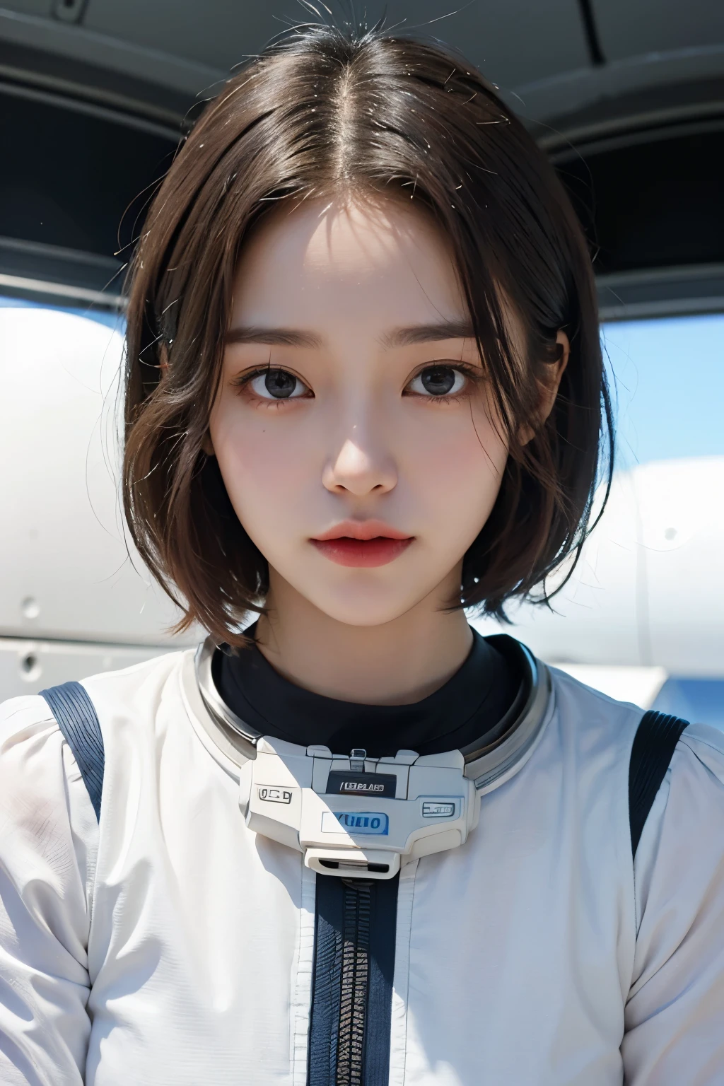 highest quality、masterpiece、ultra high resolution、(real:1.4)、Beautiful woman１、Beautiful details of eyes and skin、light brown short cut hair、small smile、latest space suit、space station、spaceship、Remains、cloudy sky、