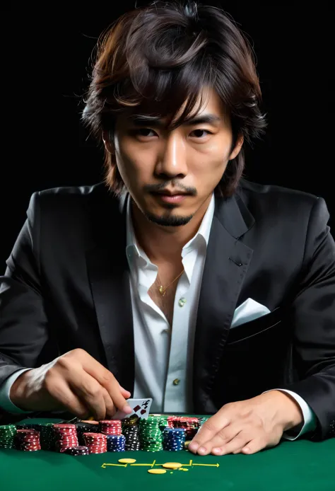 HANDSOME JAPANESE SHAGGY HAIR MAN PLAYING BLACKJACK AT A GREEN TABLE FRONT VIEW BLACK BACKGROUND