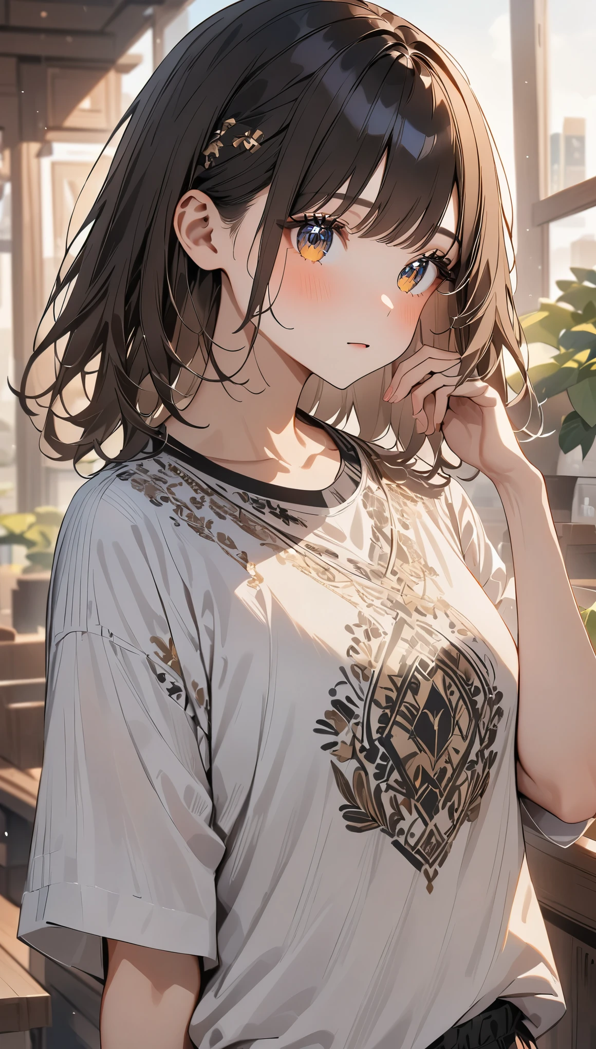 geometric pattern background:1.3、dark color、cute girl hair、look away、white baggyＴshirt、プリントshirt、loose clothing、retro、highest quality、super detailed、high quality details、green