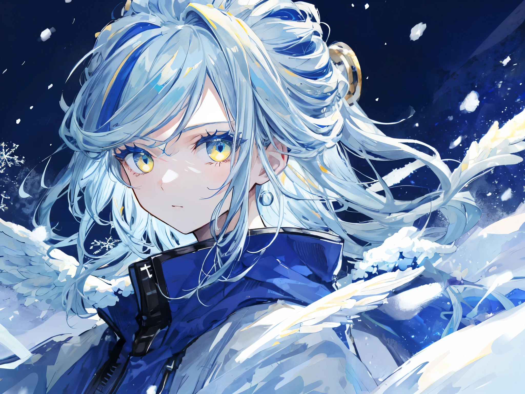 highest quality、highest quality、Super detailed、perfect face、very detailed、very delicate、1 boy, (cute), Angel, light blue hair、half up、place々blue mesh、blue and yellow gradient eyes、noble clothes、snow mountain、snow blowing、nature、detailed background