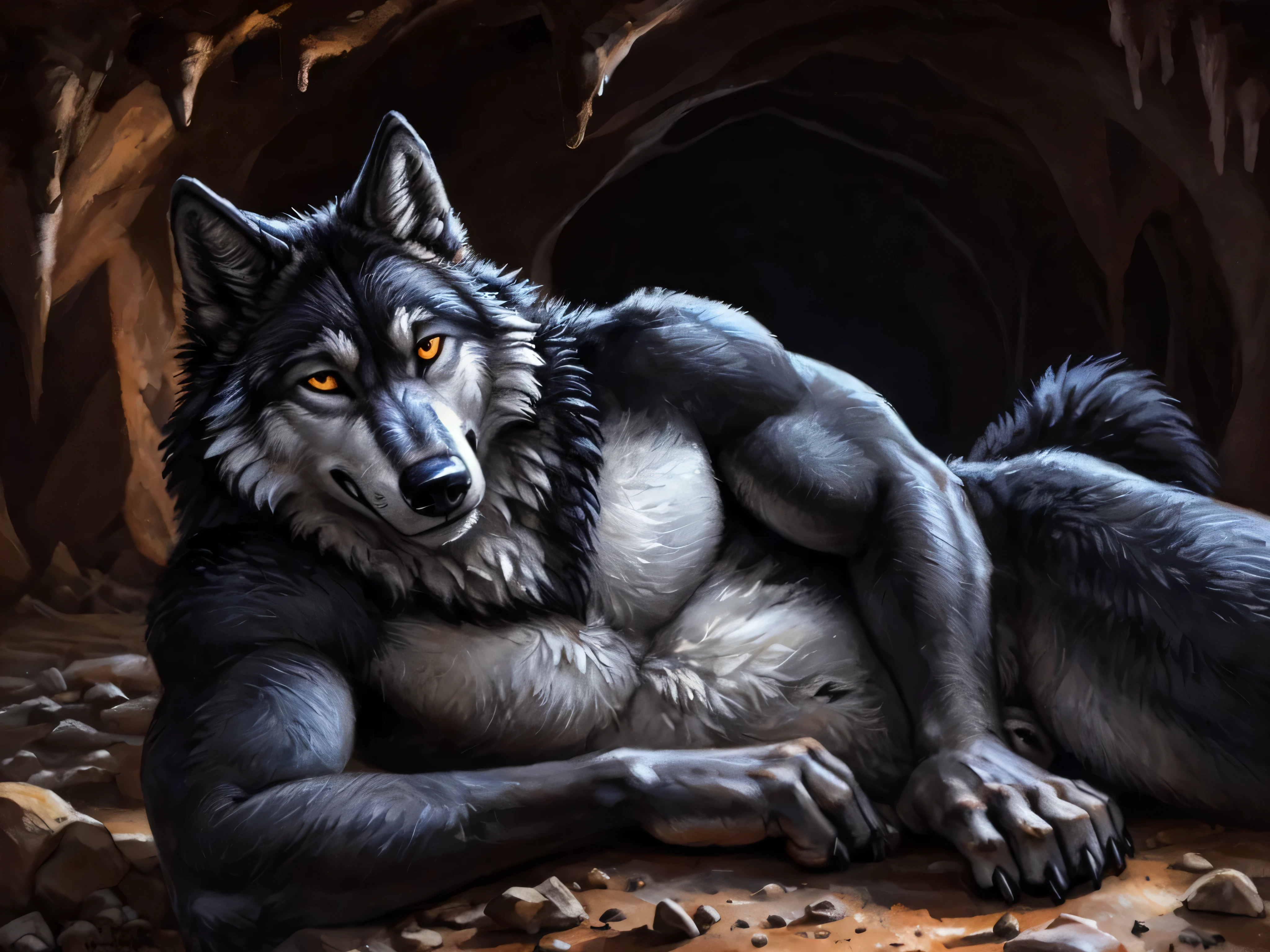 symmetrical eyes, dark retinas, ((large wide eyes, staring intensely at camera, front view)), ((solo)), male, anthro (black wolf), (wolf tail), (sheath, (balls)), ((black fur, thick fur, furry body)), (muscular, beefy), by blotch, by kenket, (masterpiece, high quality, 8k, perfect hands, correct anatomy:1.2), ((taking a bath)), ((mature male)), sexy, ((detailed background)),