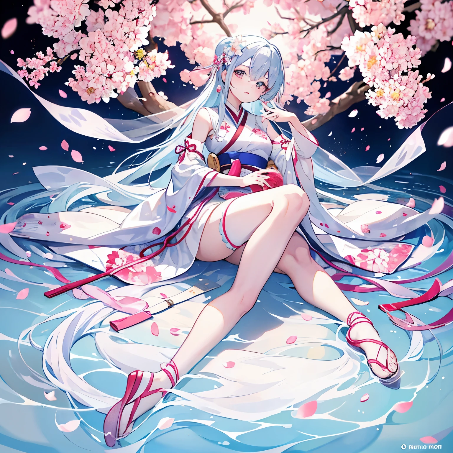 A woman of approximately 14 years old with cherry blossoms and cherry tree branches tangled all over her body. Her face cannot be seen because it is covered with many protruding flowers. She is wearing a blue and white Japanese , but Instead of traditional shoes she is wearing pink ballet slippers and a rasa is pressing her right arm wrapped around it forming circles with many flower buds., esta envuelta en alambre de puas