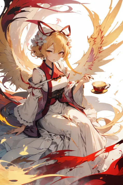 Illustration of Yakumo yukari,Phoenix,orange eyes, phoenix, tea time,fly phoenix,cherry blossom,peach,peach flute,flute,