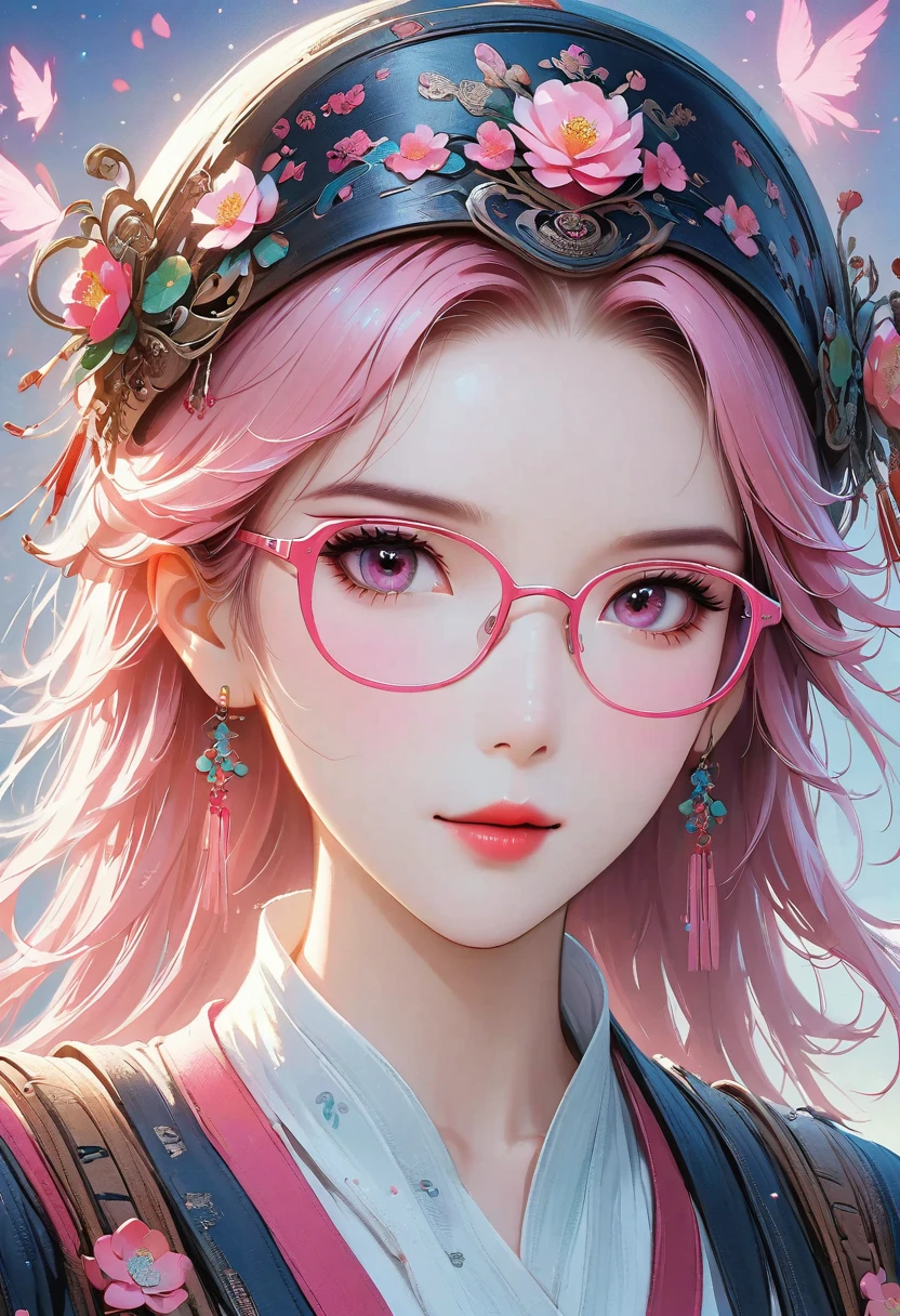 Close-up of a woman with Pink hair wearing glasses, artwork in Guvez style, Guvez, kawaii realistic portrait, Inspired by Cheng Yanjun, glowing Pink face, Pink girl, Beautiful anime portrait, Pink glasses, glowing Pink eyes, Realistic anime 3D style, Yanjuncheng, Realistic anime art style, ((Pink)8K