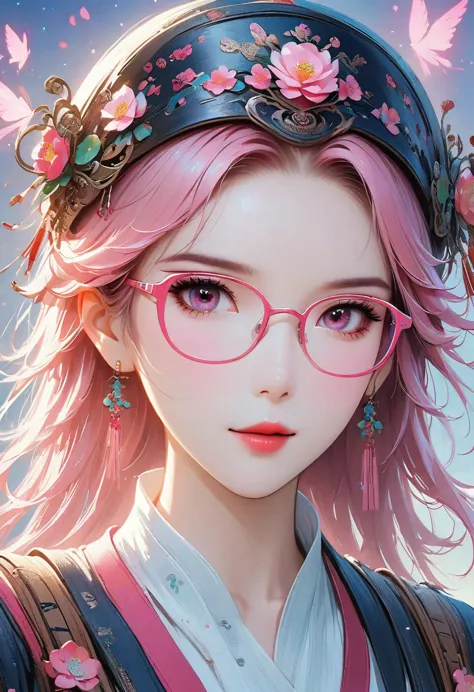 Close-up of a woman with Pink hair wearing glasses, artwork in Guvez style, Guvez, kawaii realistic portrait, Inspired by Cheng ...