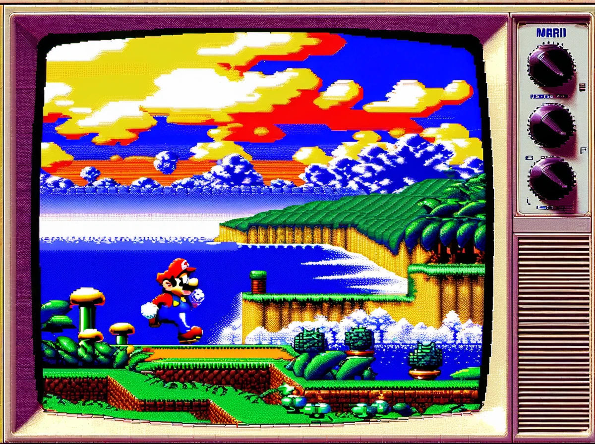 Sega 16 bit, a song by Sonic vs Mario, Konami Studio, 90s, screenshot of the old TV screen((Best quality, masterpiece)),
(Higher detail), Impressionism:1.1, 8k