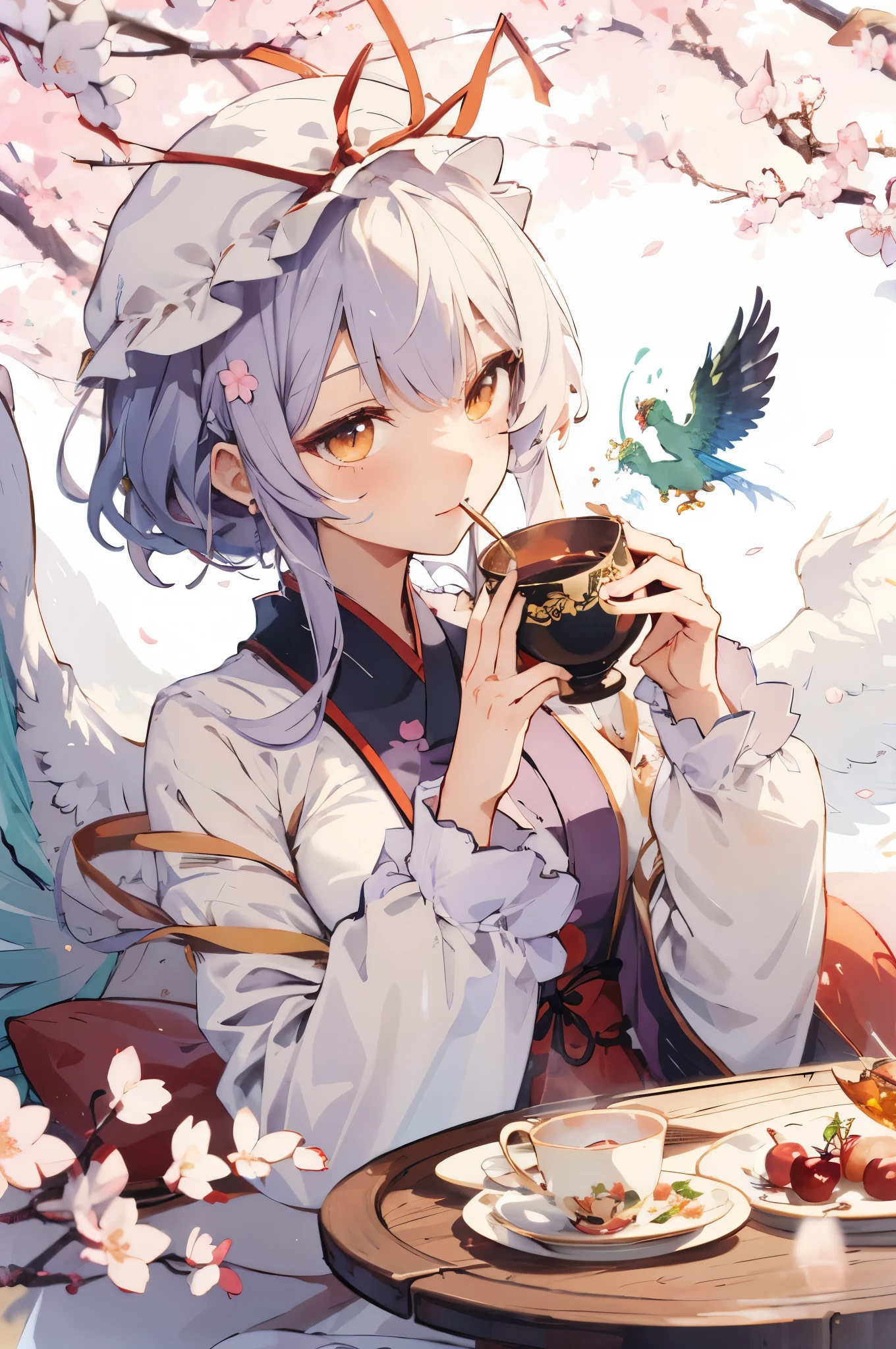 Illustration of Yakumo yukari,Phoenix,orange eyes, phoenix, tea time,fly phoenix,cherry blossom,peach,peach Fruits,cherry fluits,