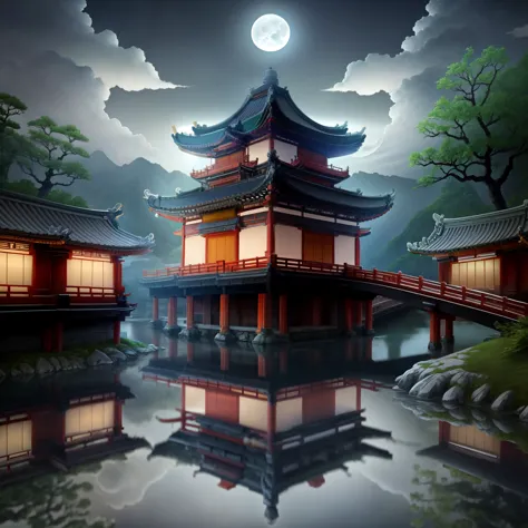 masterpiece, highest quality,guochiao\(style\), moon, architecture, scenery, east asian architecture, null, cloud, night, reflec...