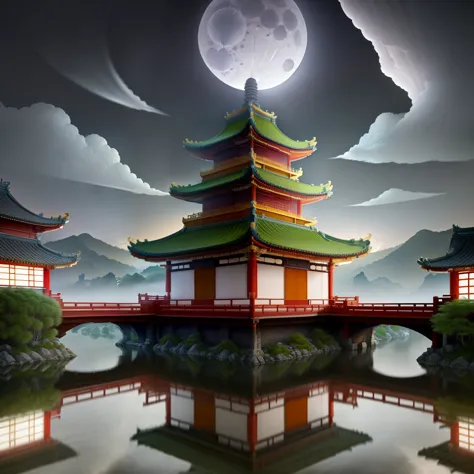 masterpiece, highest quality,guochiao\(style\), moon, architecture, scenery, east asian architecture, null, cloud, night, reflec...