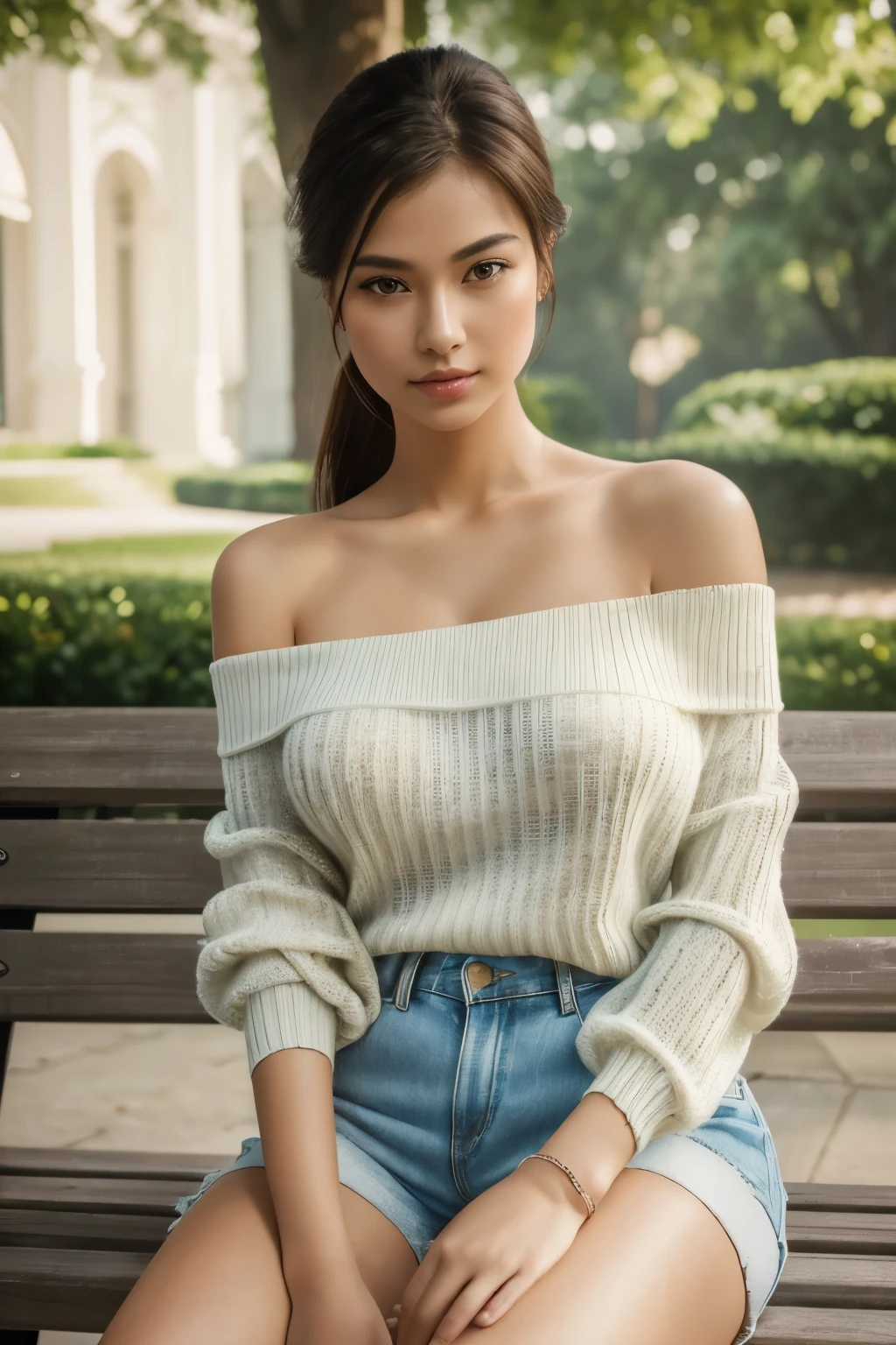 A woman sitting on a bench in a park wearing a sweater - SeaArt AI