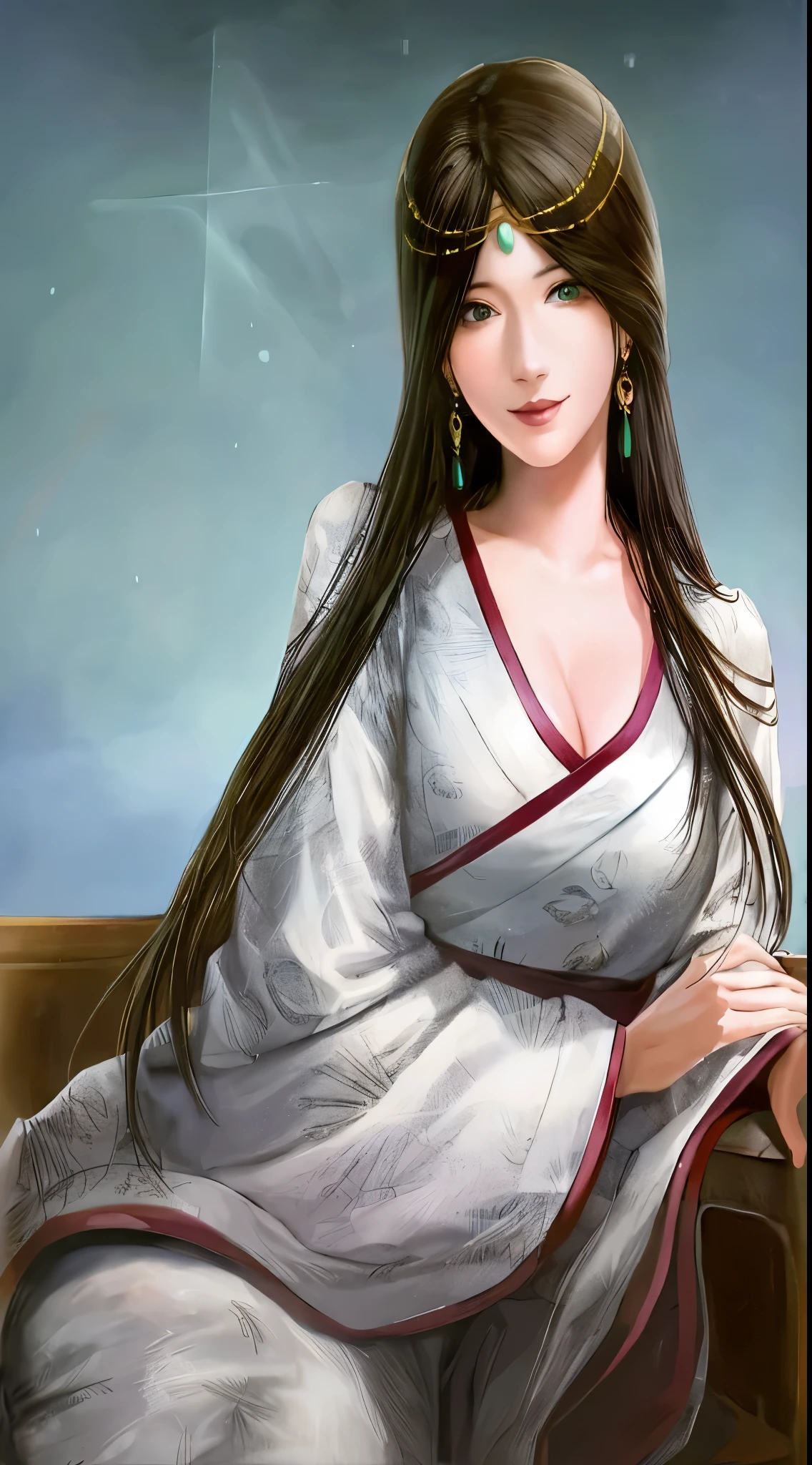 a close up of a woman in a white dress sitting on a bench, beautiful figure painting, beautiful fantasy queen, Beautiful charming anime woman, palace ， A girl wearing Hanfu, ((beautiful fantasy queen)), chinese princess, Beautiful anime woman, Chinese girl, flowing hair and gown, Inspired by Yoon Doo-ri, inspired by Wu Zuoren