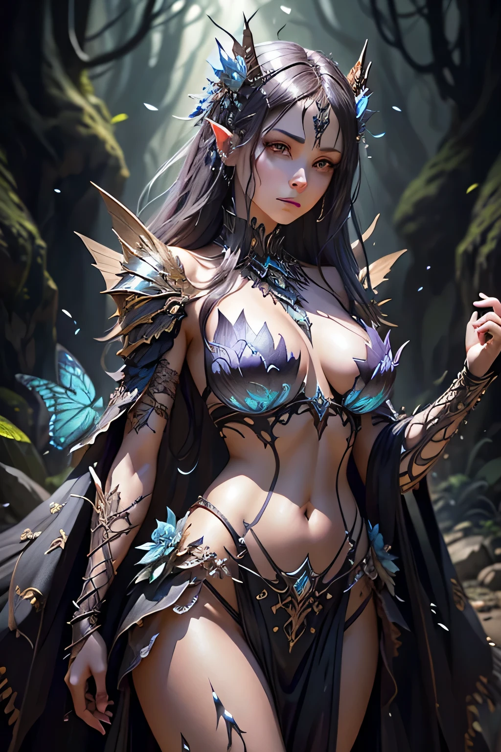 Beautiful Insect Monarch Butterfly Hybrid Female, Fair Skin, Inside A dark  forest filled bioluminescent flowers by night, Barely Clothed, Bikini Armor  Made Of glistening iridesent chitin and fur - SeaArt AI