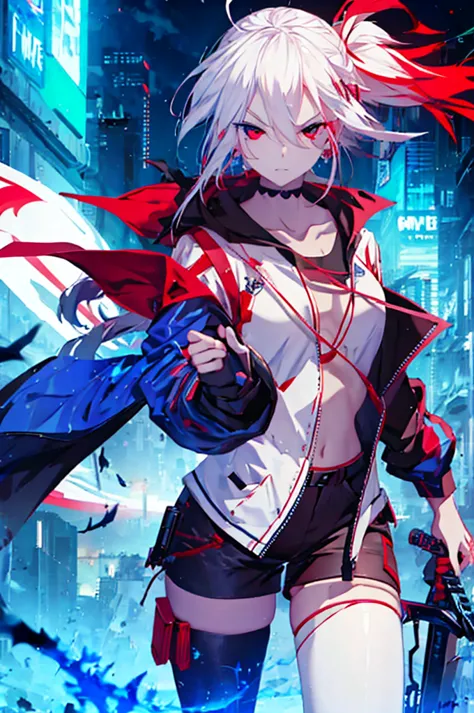 white hair, red eye, blue eye, anime girl with sword and sword in front of a background of blue and red, badass anime 8 k, best ...