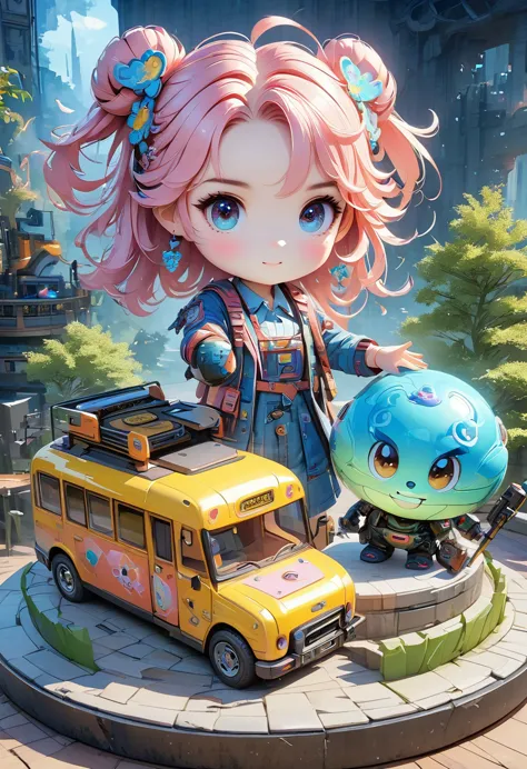 Tips art sci-fi cyberpunk UK bus, Macaron color, cute Disney cartoon style, Q version character design, toy design, digit, big e...