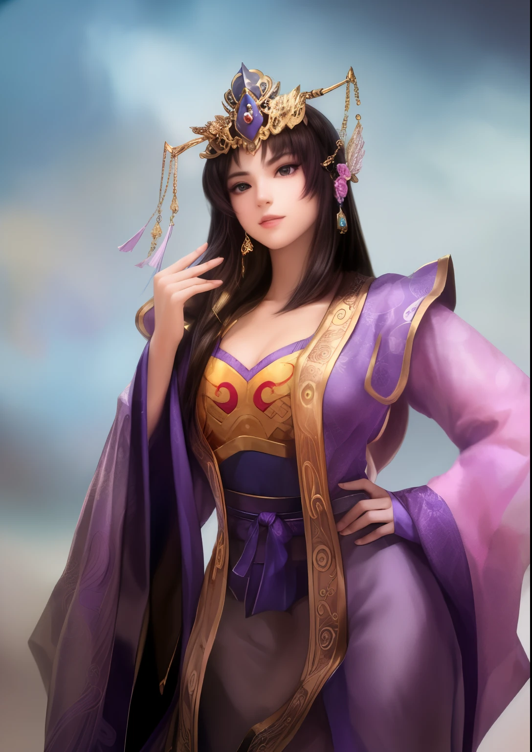 woman wearing purple dress and golden crown, beautiful fantasy queen, ((beautiful fantasy queen)), Inspired by Lan Ying, inspired by trees, Inspired by Zhu Lian, Inspired by Wu Li, Inspired by Wu Bin, Queen of China, Queen of the Sea Mu Yanling, Inspired by Li Tang, full body xianxia, chinese princess